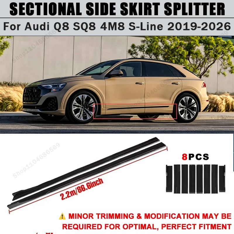 For Audi Q8 SQ8 4M8 S-Line 2019-2026 Side Skirts Extension Rocker Panel Splitter 86.6" ABS Plastic Body Kit Tuning 2020 2025