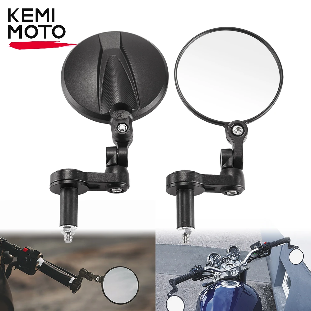 KEMIMOTO Motorcycle Mirror 10CM Round Emark Handlebar End Mirrors with M8 M6 Screw for Motorbike Scooter Bicycle Rearview Mirror