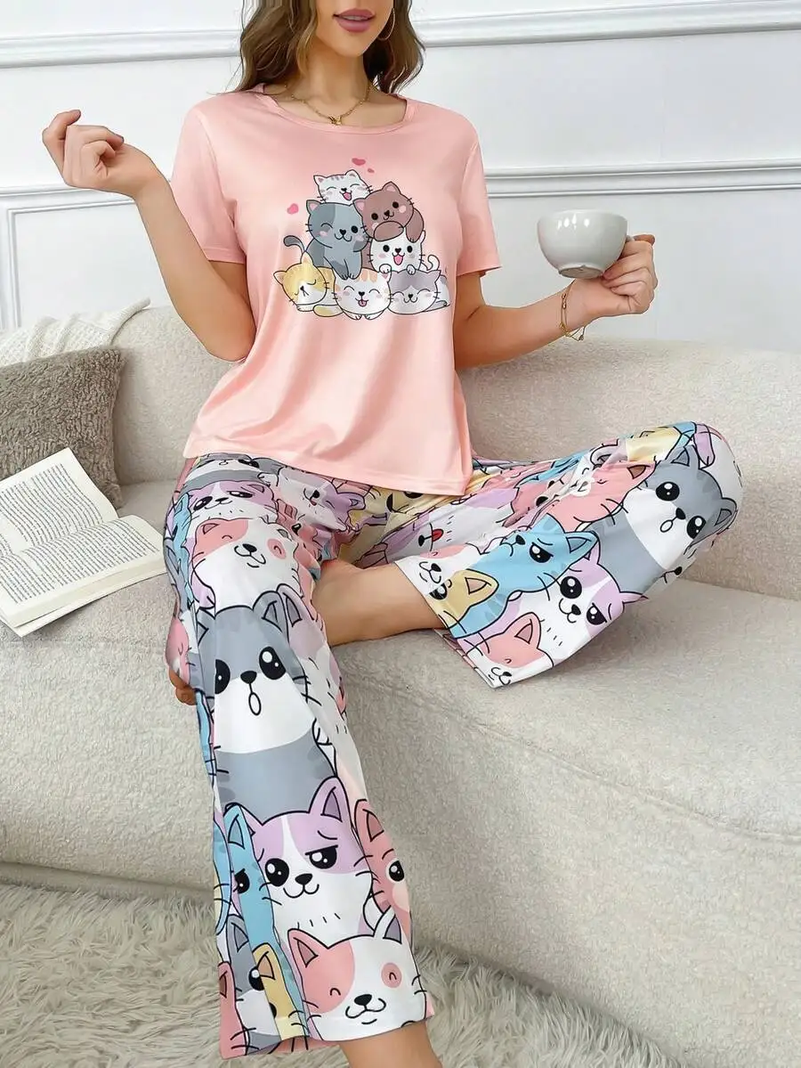 

Pink Short Sleeve Cat Print Pajama Set for Women - Comfortable Lounge Wear