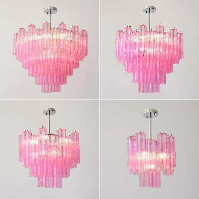 Modern Murano Glass Tube Chandelier, Vintage Art Deco  Pink Glass Pendant Light, Multi-tier Led E14 Hanging Lamp For Home Decor