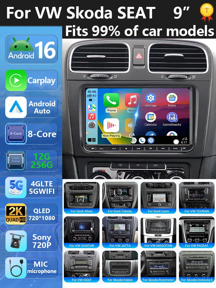 Android 16 2Din Autoradio für Volkswagen Golf 5 6 Polo Passat B6 B7 CC Skoda Jetta Universal Multimedia GPS-Navigation