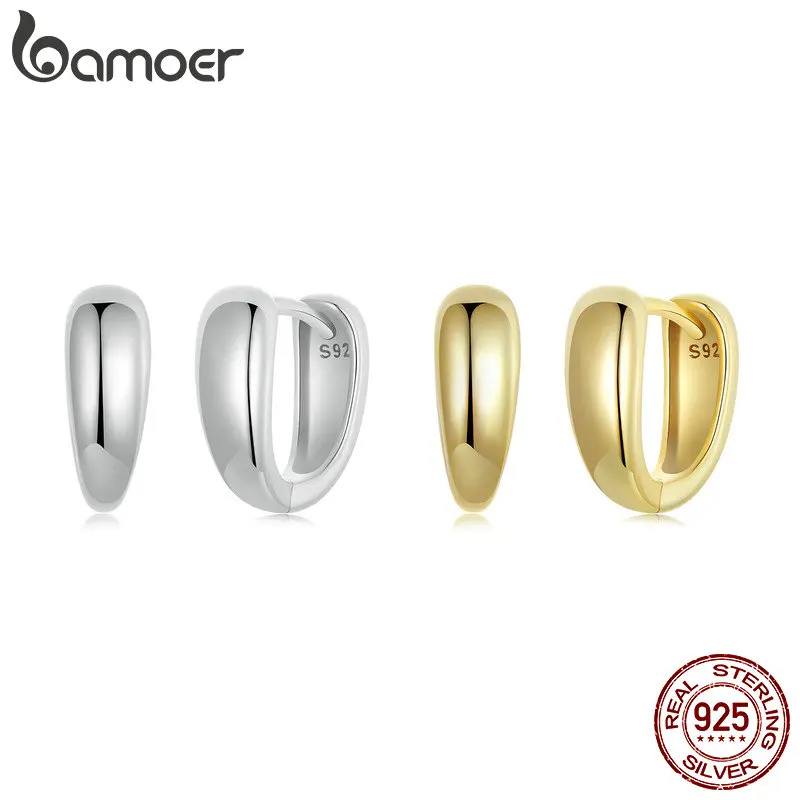 BAMOER 925 Sterling Silver Office Lady Style Simple Huggie Ear Buckles Gold Plated Hoop Earrings for Women Fine Jewelry