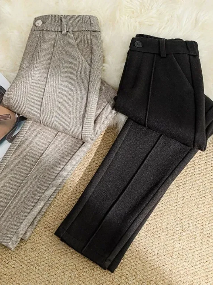 

New Women Pants High Waist Thickening Plushing Button Harem for Autumn Winter Wool Herringbone 's E228