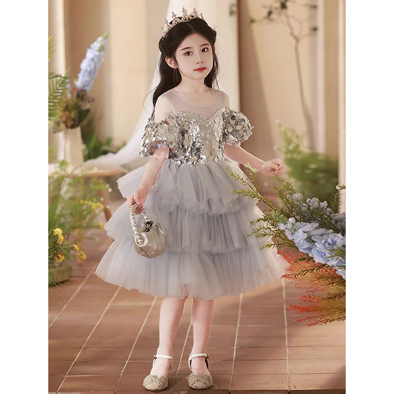 Gorgeous Girls Princess sequin Palace Dress round neck Children Wedding Gown baby infant Birthday Party Kids Dresses Cake skirt