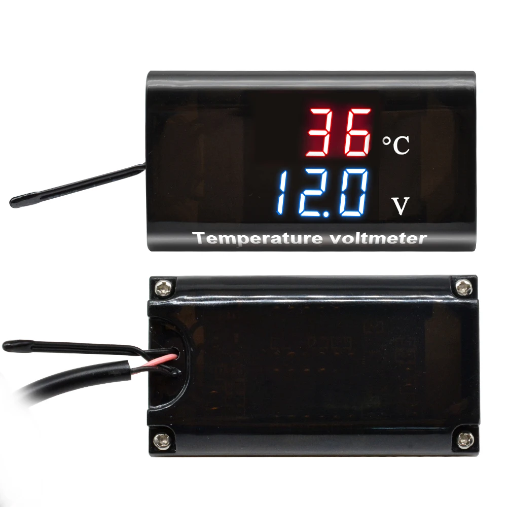 DC 12V 0.28 Inch LED Display Temperature Voltage Meter Tester Temp Monitor IPX6 Waterproof Digital Voltmeter for Car Motorcycle