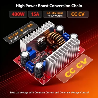 15A 400W Step-Up Boost Module 8.5-50V to 10-60V, Constant Current Voltage Power Supply for LED/Solar