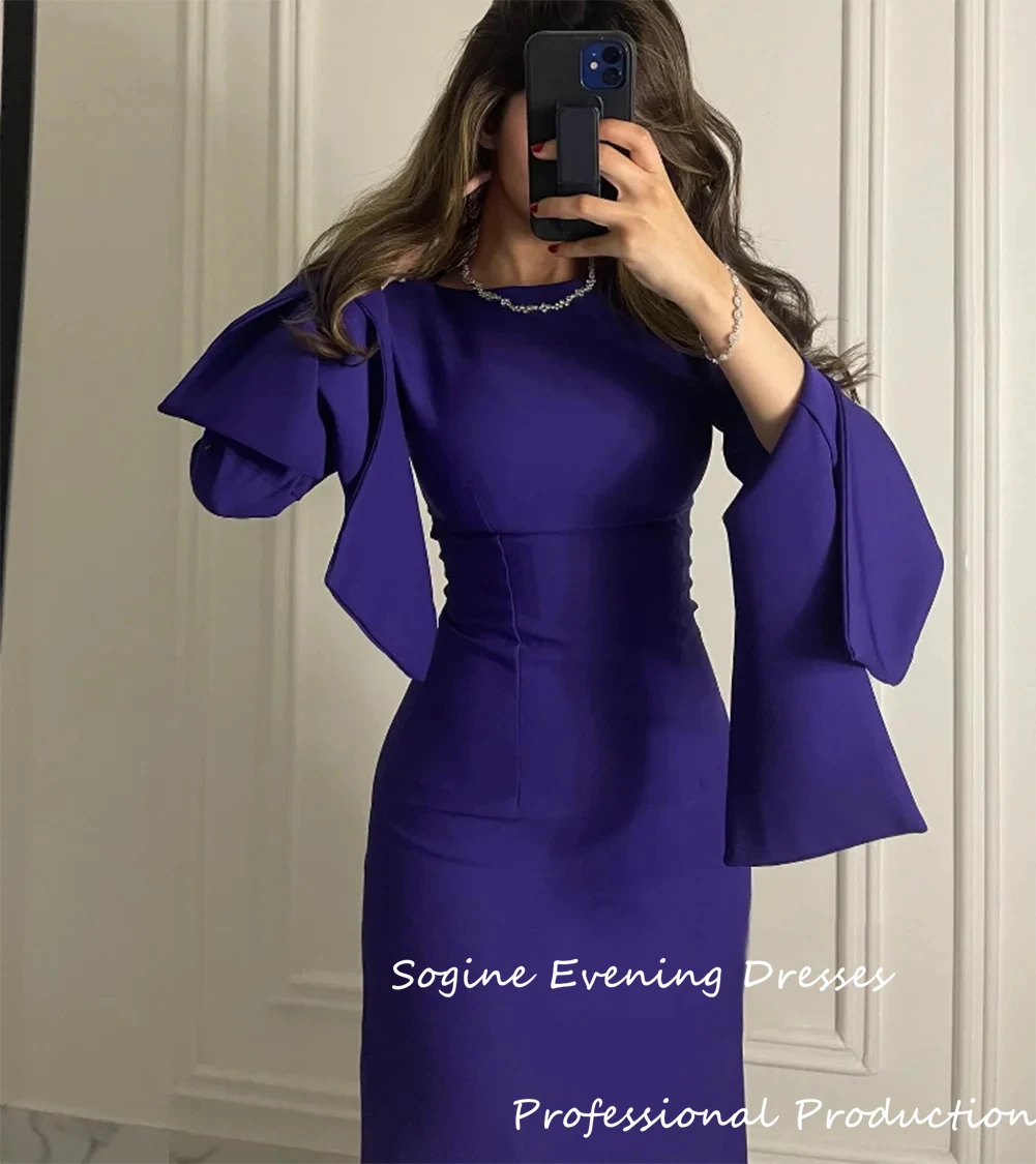 فستان سهرة كريب أرجواني مخصص أنيق للحفلات الراقصة بأكمام طويلة منتفخة للنساء برقبة دائرية فيستدوس دي فييستا 2025 جديد