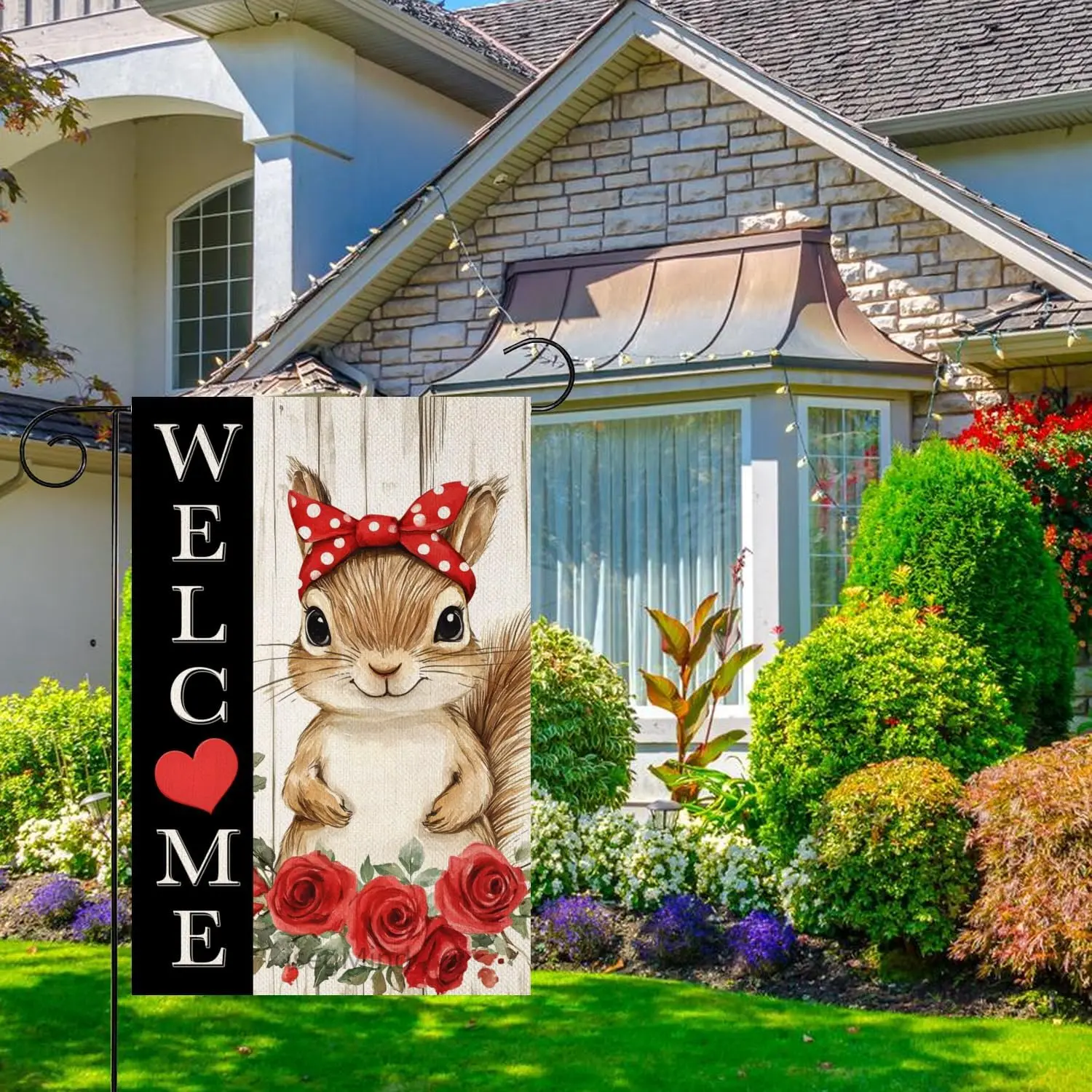 Welcome Garden Flag Floral Squirrel Garden Flag 12x18 Inch Double Sided for Outside Welcome Roses Small Burlap Holiday Yard  SSL