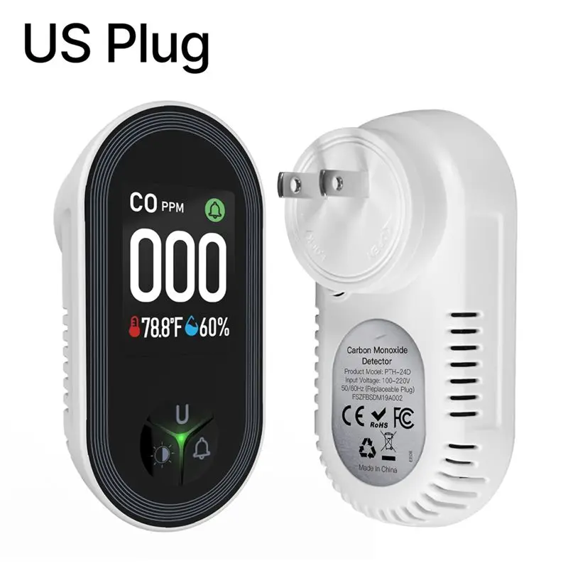 M01K 3In1 Carbon Monoxide Detector Plug-In Display With Temperature Humidity Sensor Built-In CO Monitor Alarm Sound Warning