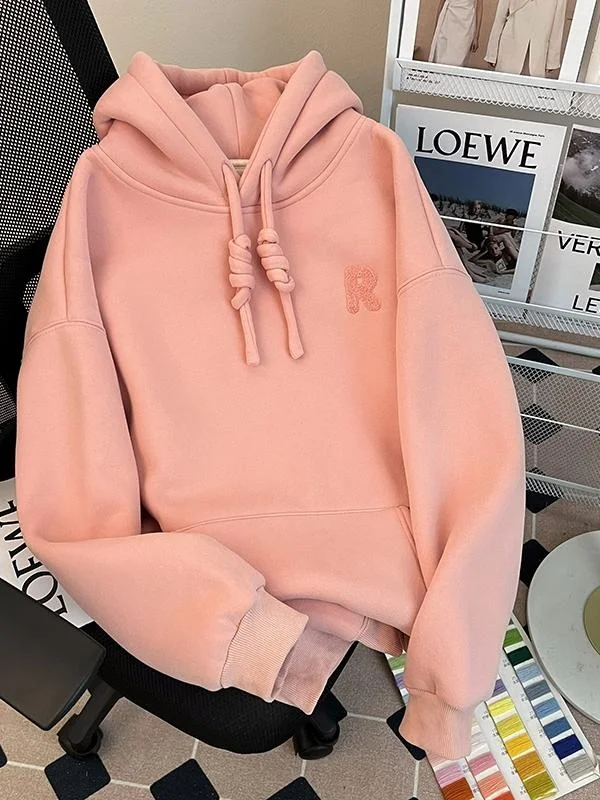 

New plus Size Fleece Lined American Retro Lazy Style Letter Print Hoodie Women's Pink Loose Casual Sweatshirt