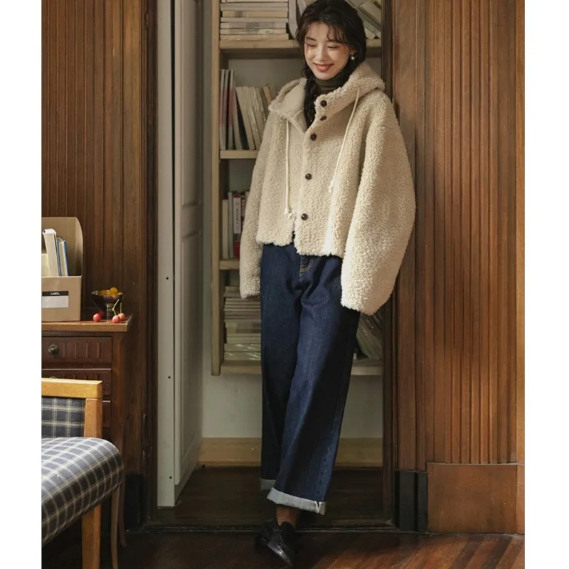 سترة قصيرة من صوف الضأن بغطاء للرأس دافئة كاجوال كورية شتوية من johnature معاطف نسائية بسيطة متعددة الاستخدامات #6