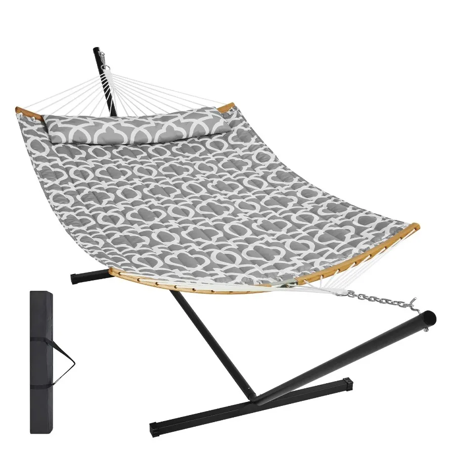 

Two Person Hammock with Stand Included Double Hammock with Curved Spreader Bar and Detachable Pillow and Portable Carrying Bag