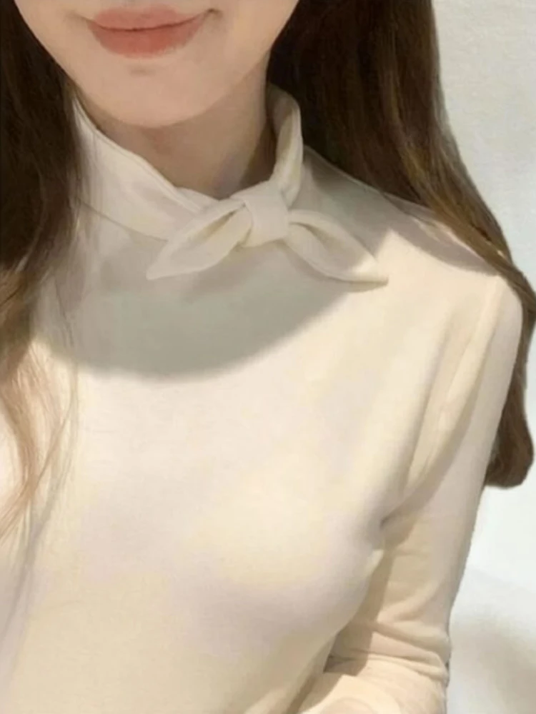 Front Tied Elegant Top Women Fall Warm Thermal Basic Tees Tech Fleece Layering Long Sleeve T Shirt Casual Work Wear Rabbit Ears