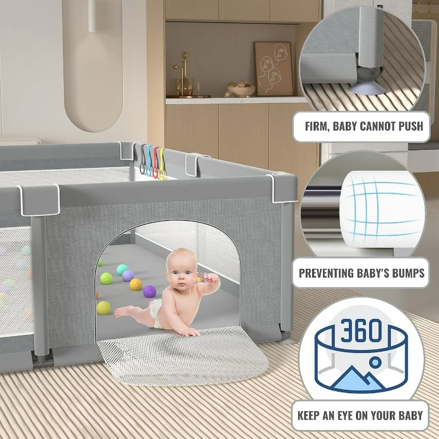 روضة أطفال كبيرة جدًا للأطفال الصغار 79 × 71 مع جيتس ساحات لعب للأطفال، منطقة لعب داخلية آمنة، كرات أوشن باللون الرمادي #3