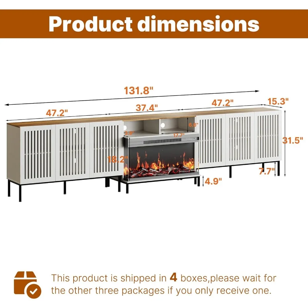 حامل تلفزيون مدفأة زجاجية ثلاثي الجوانب لأجهزة التلفاز حتى 110 بوصة، مركز ترفيه مع مدفأة كهربائية مقاس 36 بوصة، عتيق Whi