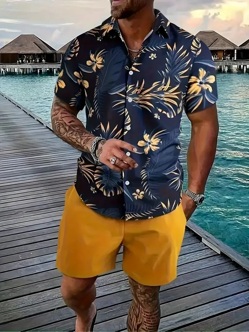 Traje de camisa informal para hombre, ropa de moda para vacaciones en la playa, tejido de secado rápido, holgado, adecuado para S-5XL de