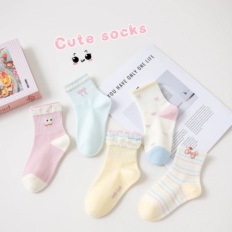 5 Pairs Kids Girls Mid-Calf Socks Cartoon Rabbit Design Striped Heart Pattern Soft Cute Elastic Princess Casual Socks for Girls