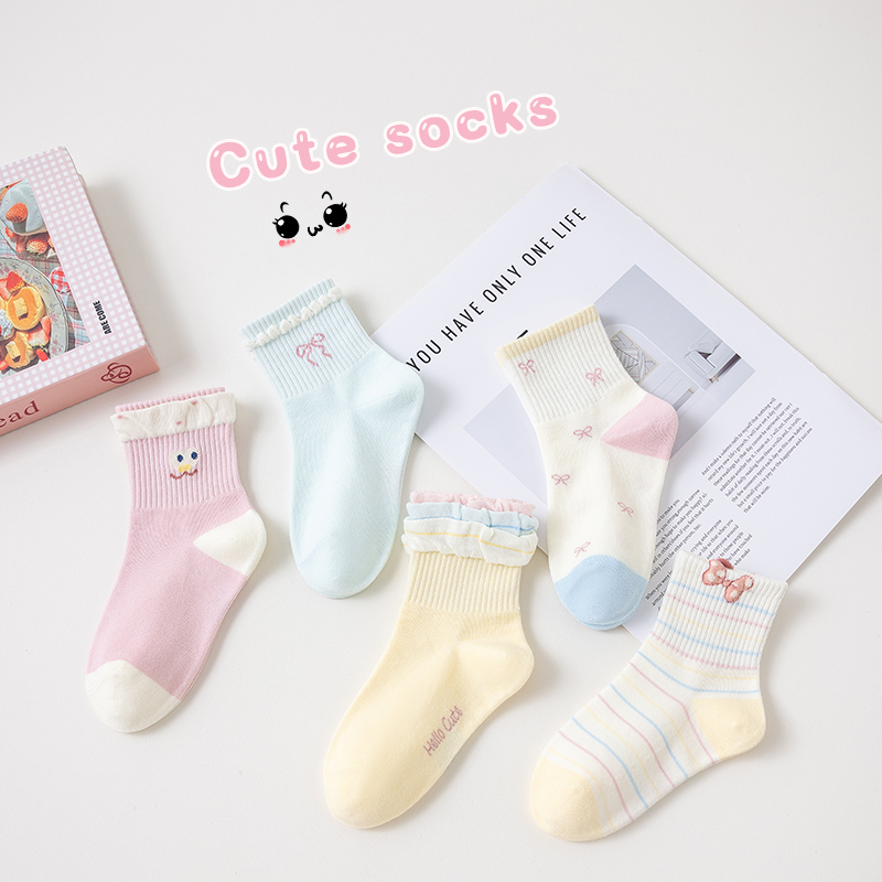  5 Pairs Kids Girls Mid-Calf Socks Cartoon Rabbit Design Striped Heart Pattern Soft Cute Elastic Princess Casual Socks for Girls 