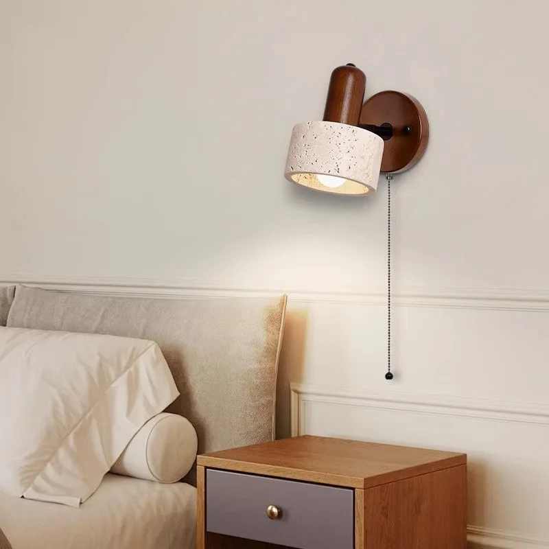 Stair Entrance Decoration LED Yellow Travertine Wall Lamp Retro Bedroom Bedside With Switch Drawstring Reading Wall Lamp