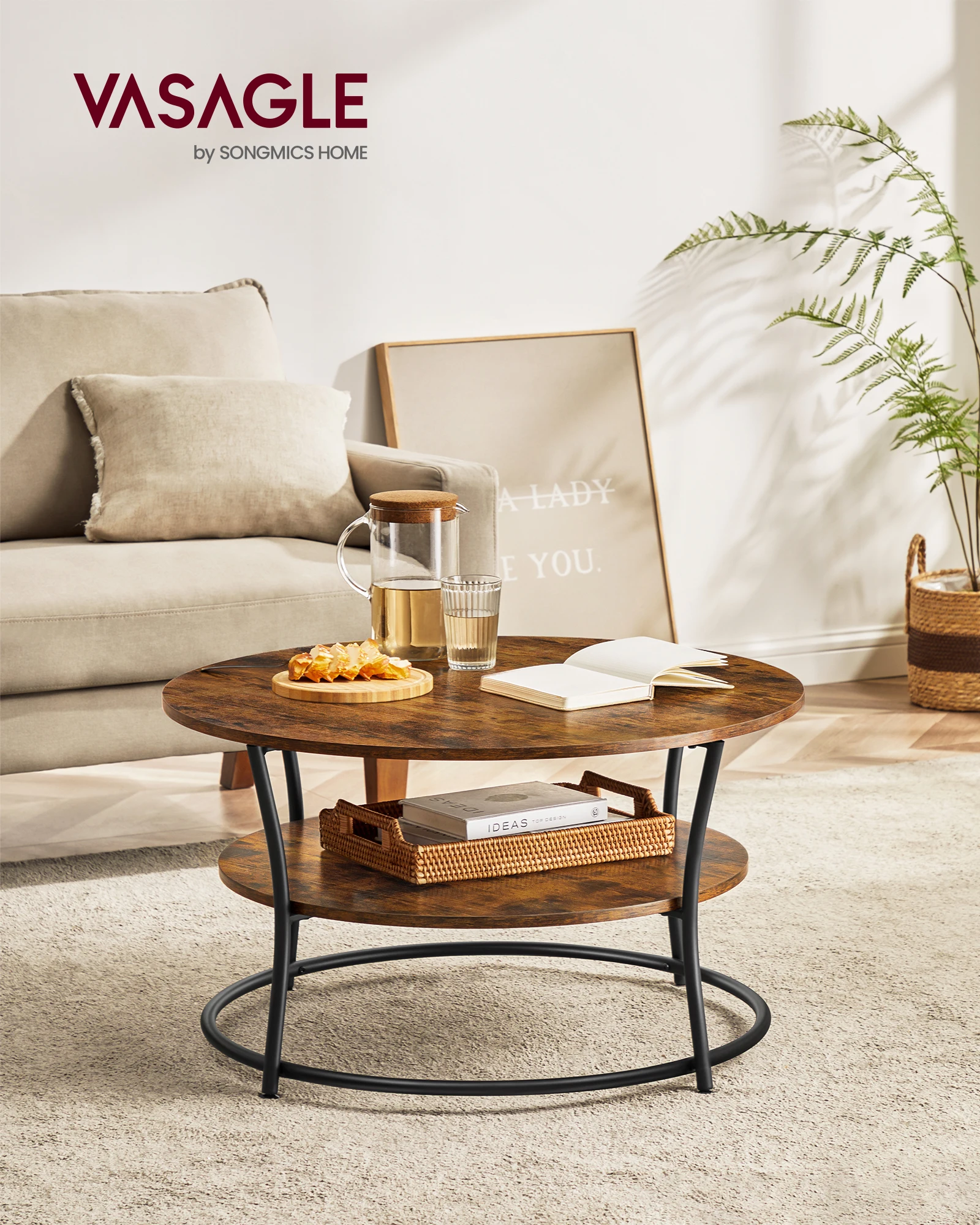 VASAGLE salontafel ronde woonkamertafel banktafel met plank, eenvoudig constructie metaal industrieel ontwerp