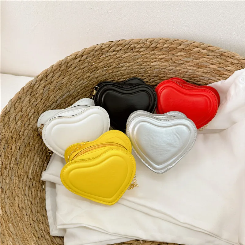 Love Heart Shape Children\'s Shoulder Bag Fashion Girls Baby Chain Mini Crossbody Bags Solid Color Princess Coin Purse Handbags