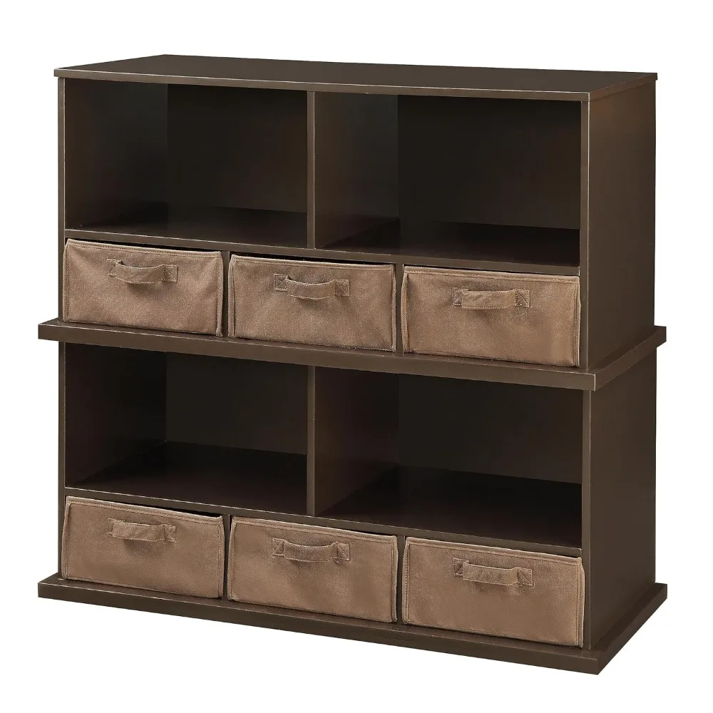 Stackable Toy Organizer with 5 Shelves and 3 Removable Fabric Bins, Expandable Design for Toys and Crafts - Espresso