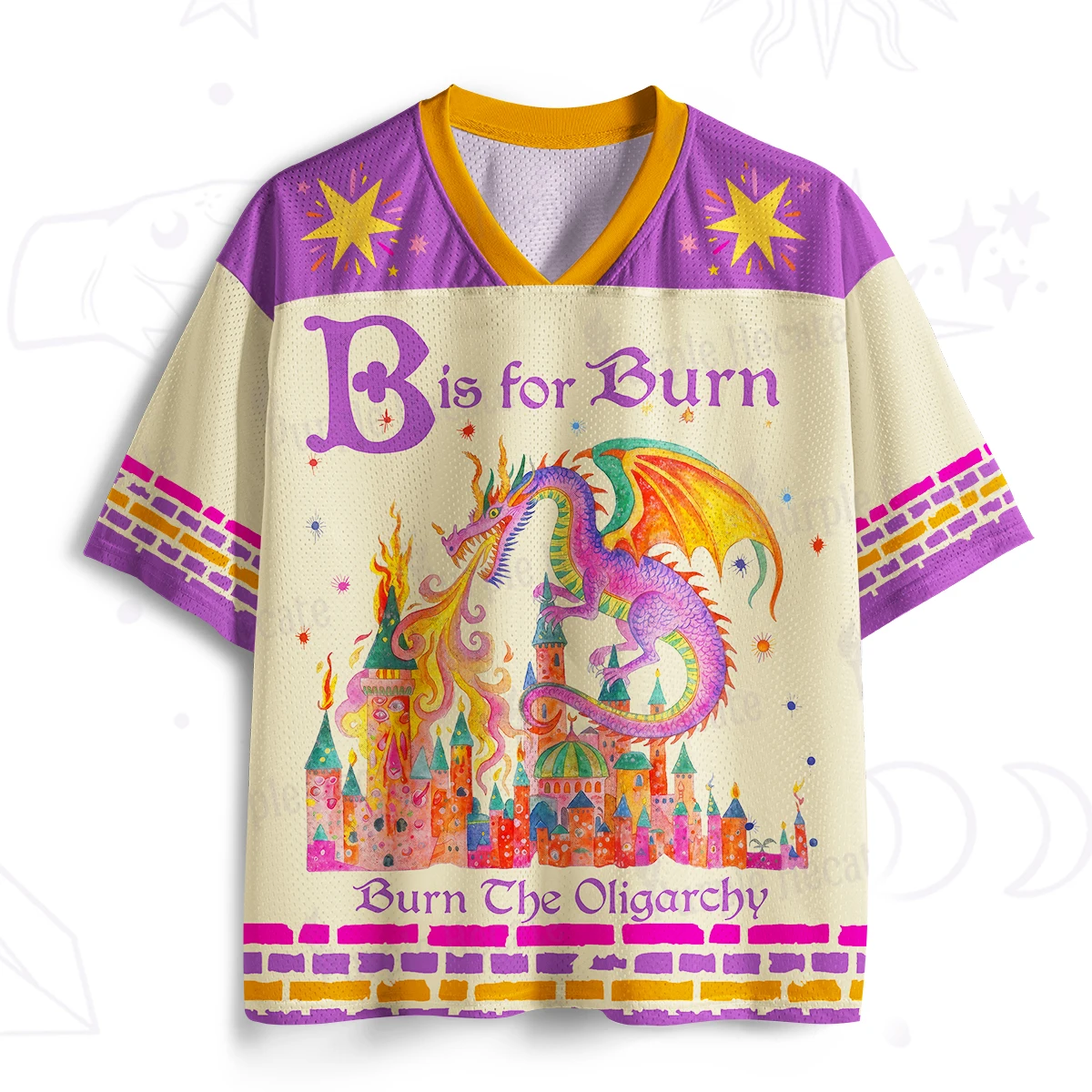 Latest Dream Dragon Castle Large Loose Mesh Jersey Fairy Tale Style Spray Fire Dragon Illustration V-neck Short Sleeve