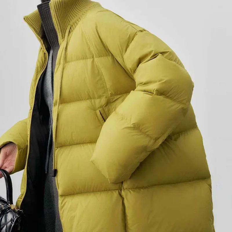 2025 Women's Winter 90% Duck Down Jacket With Drawstring and Ribbed Collar Knitted Patchwork Oversized Warm Puffer Coat