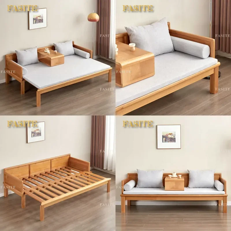 For Small Apartment Solid Wood Cherry Arhat Bed Push Pull Retractable Sofa Bed Combination Tea Room Sleeping Furniture Space
