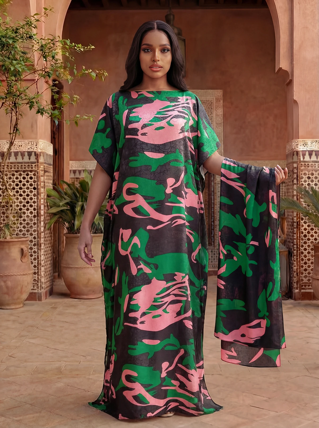 Women's Long Shawl Dubai Fashion Print Design Silk Soft Summer Beach Party Dress Accessory Loose Fit African Abaya MOOMOO view 3