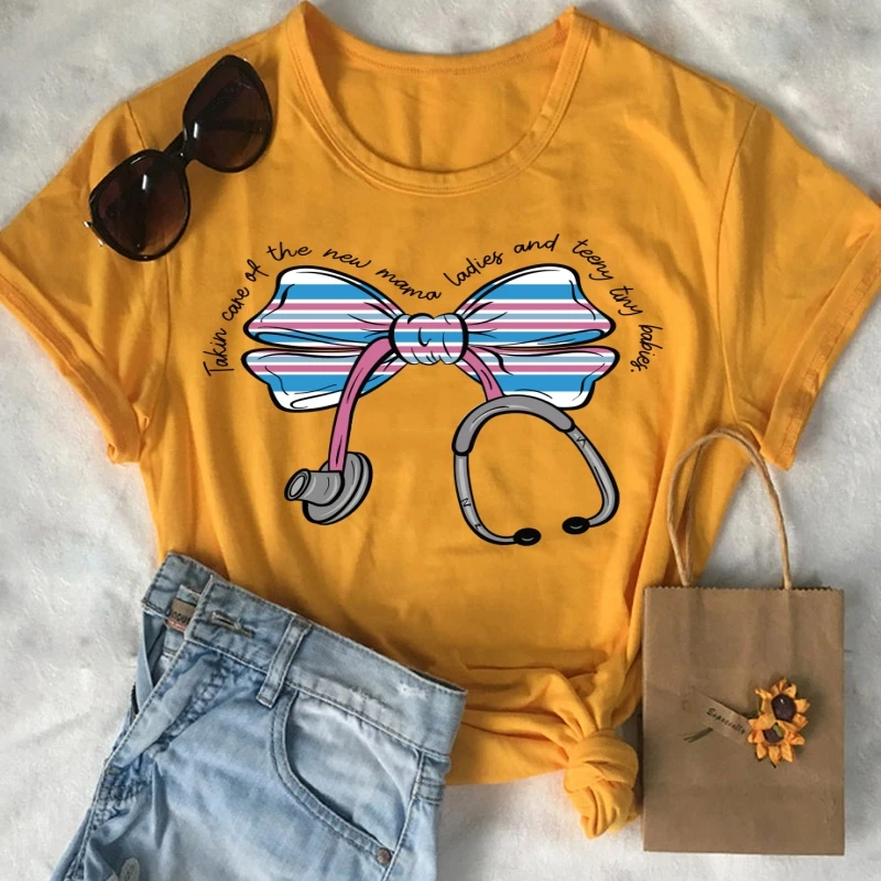 takin care of the new mama ladies and teeny tiny babies bow stethoscope Graphic Print Tshirts Women Funny Cotton Nursing - theme