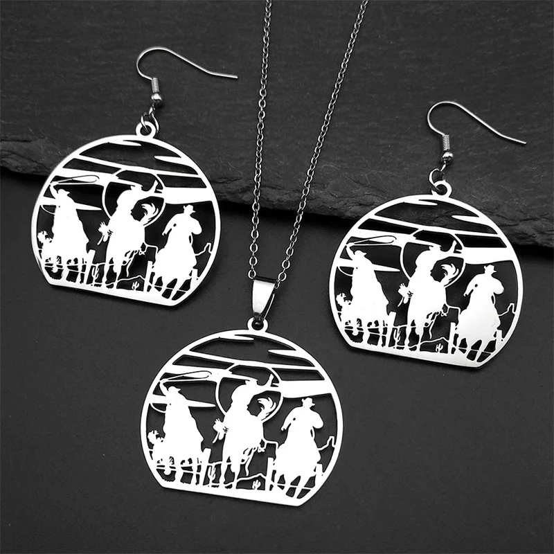 

West Cowboy Style Beautiful Scenery Clouds Cowboys Riding Horses Jewelry Set for Women Men Stainless Steel Gold Color Jewelry