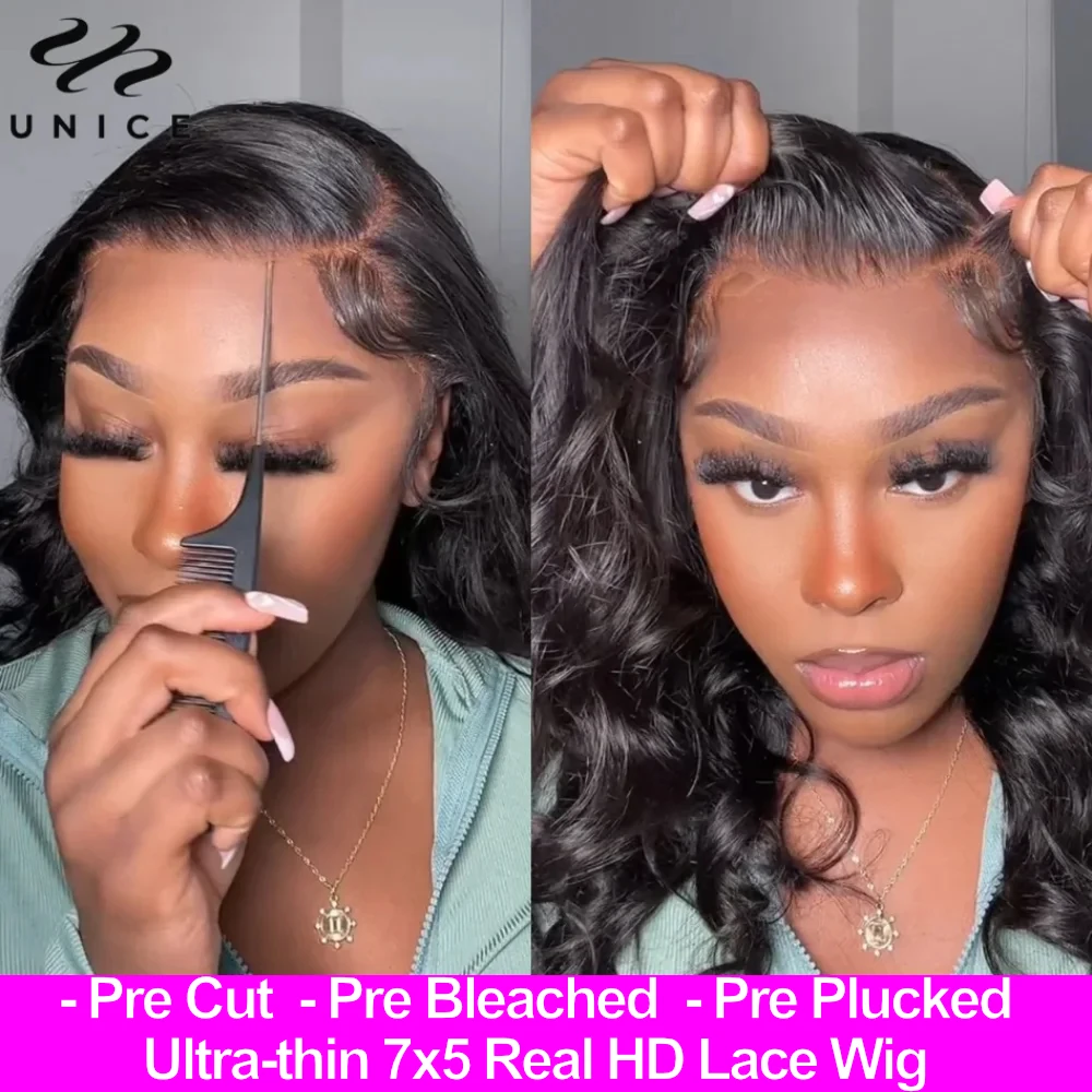 Unice 헤어 바디 웨이브 7x5 HD 레이스 가발 Pre Cut Pre Bleached Glueless Wigs 인간의 머리카락 착용 준비 Go Real HD 레이스 Clousre 가발