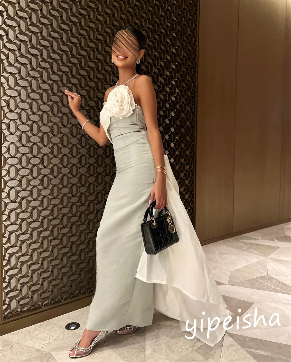 Jiayigong High Quality  Prom Satin Flower Evening A-line Strapless Bespoke Occasion Gown Long Dresses