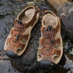 Summer Men Sandals Genuine Leather Mens Casual Shoes Outdoor Men Leather Sandals for Men Beach Shoes Roman Shoes Plus Size 38-48