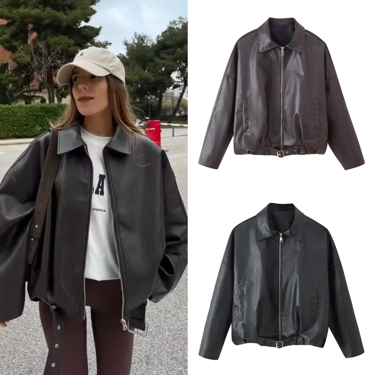 Kurtka pilotka z retro skóry PU, nowość na jesień 2025, damska kurtka z długim rękawem, zapinana na zamek, z kieszeniami i paskiem.