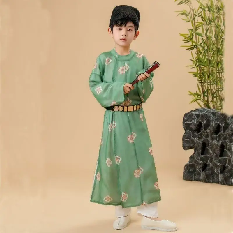 Estilo palácio de verão crianças hanfu tradicional chinês em torno do pescoço robe respirável fino verde palco mostrar roupas meninos tang terno