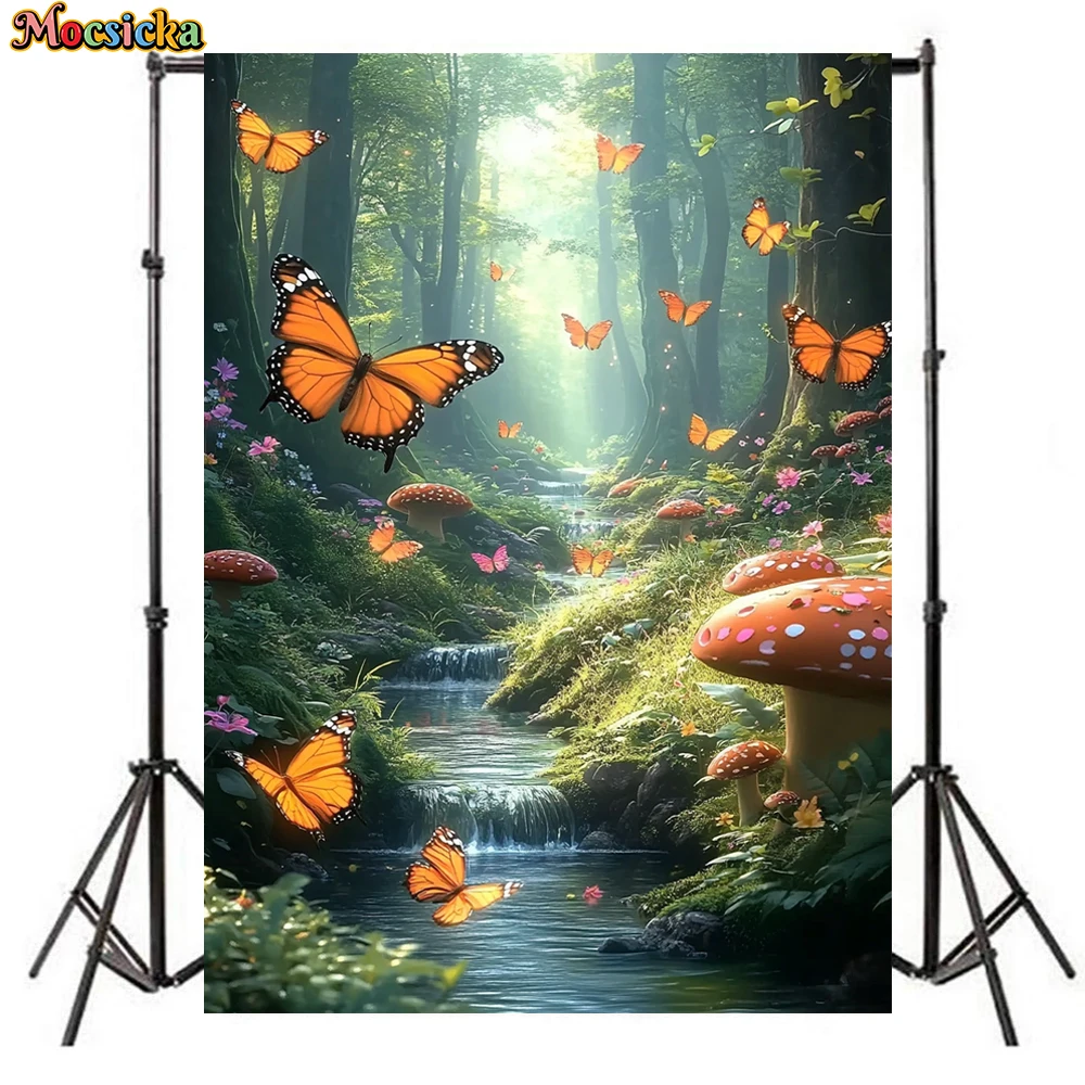 Mocsicka Spring Photography Backdrop Kid Birthday Party Photo Background Forest Mushroom Butterfly Creek Pattern Decor Wallpaper