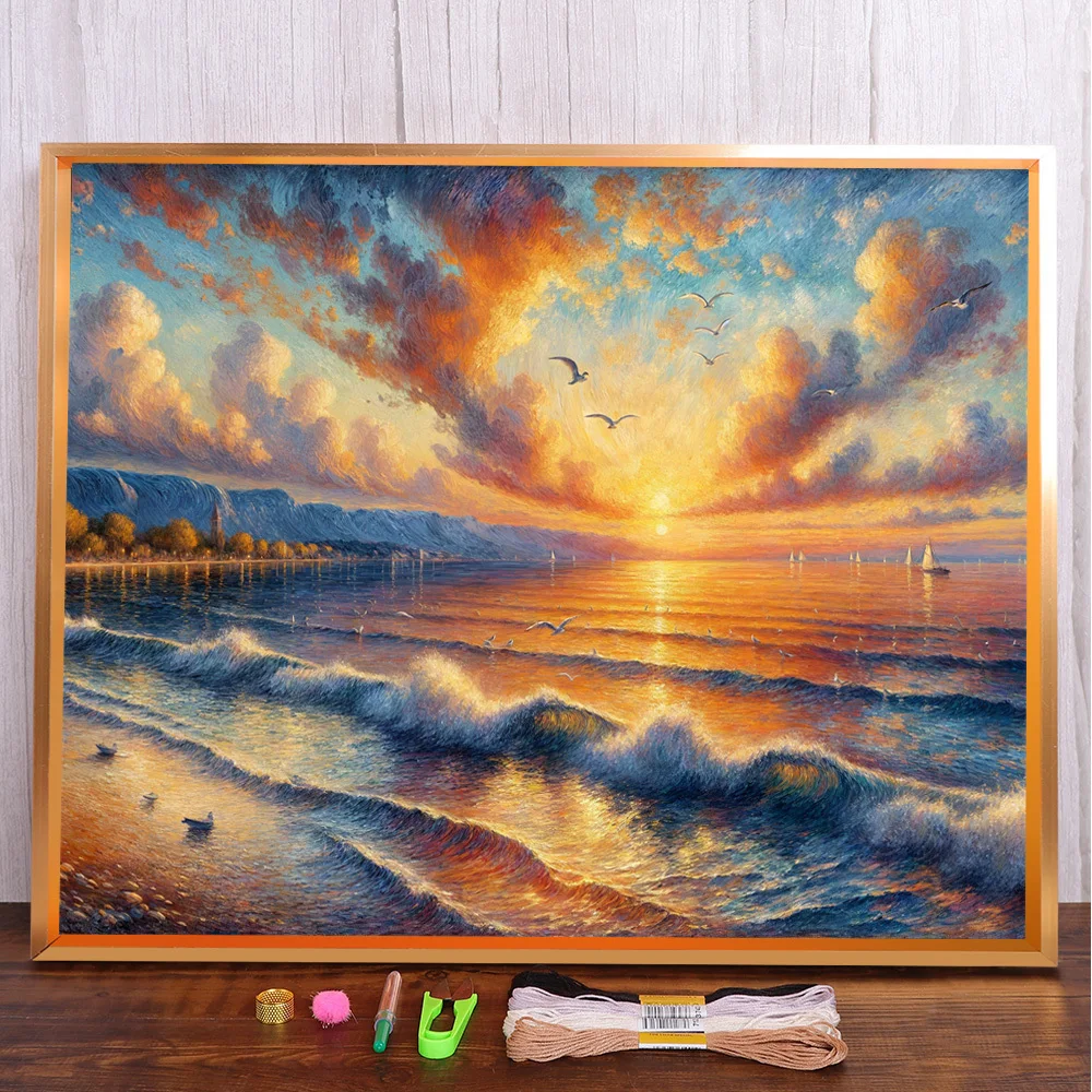 

Landscape Sea At Dusk Printed Canvas Cross Stitch Full Kit Embroidery Hobby Knitting Painting Handiwork Counted Gift Home Decor