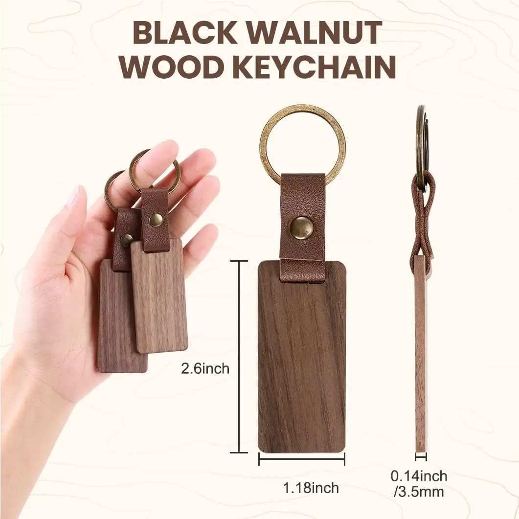 10 PCS Leather Wood Keychain Blank Wooden Keychain Blanks with Leather Strap Unfinished Wooden Keychains for Laser Engraving