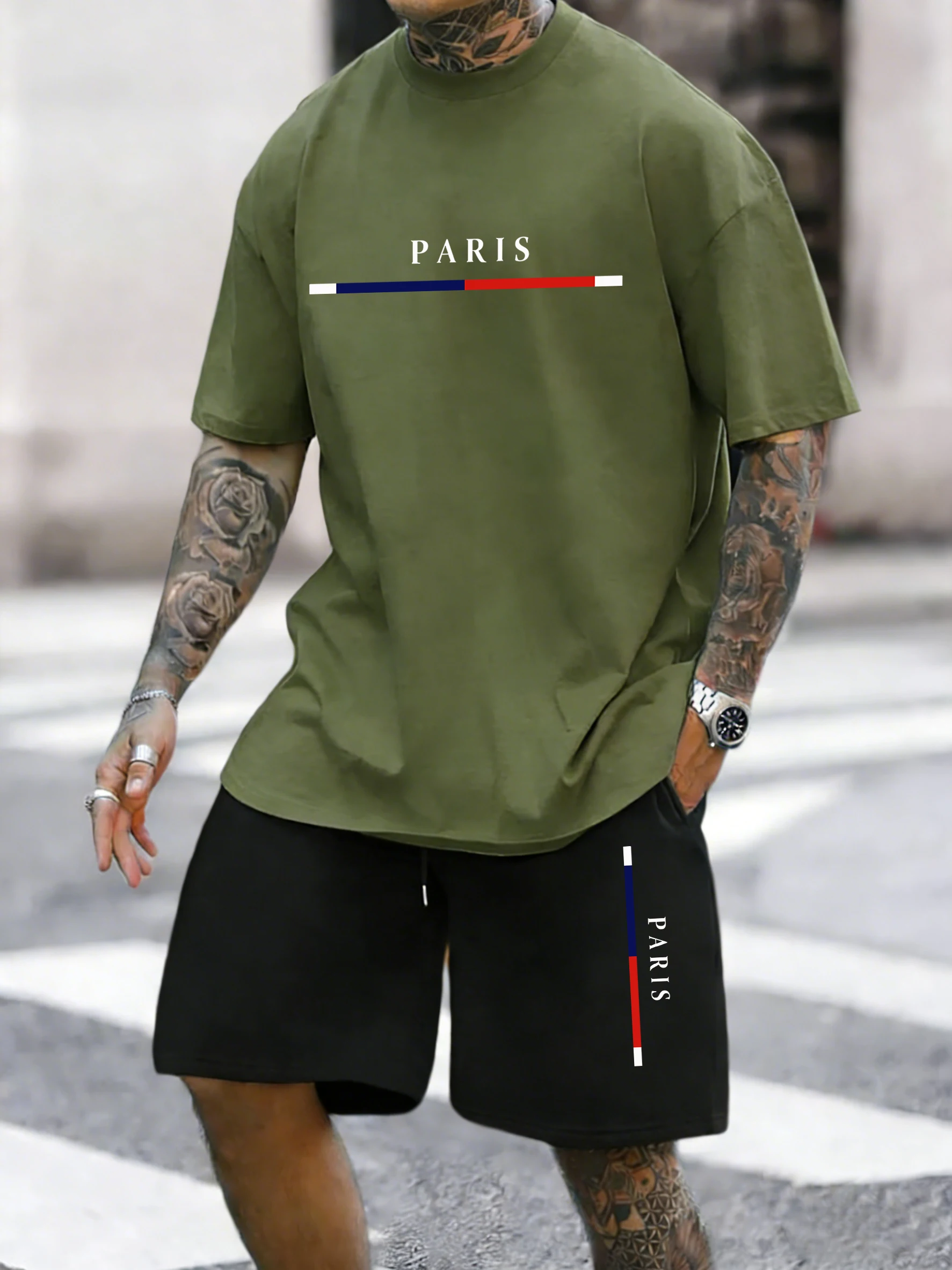 

Paris Letter Creative Print Cotton Summer Simple T Shirt Sets Man New Comfy Breathable Tops Jogging Basics Loose Sportpants