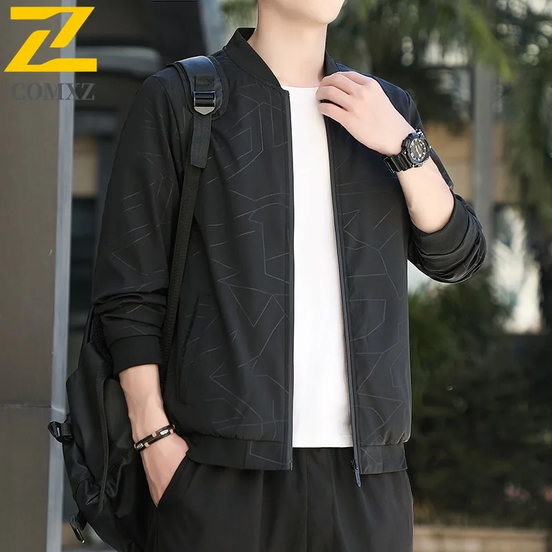 

COMXZ Luxurious Baseball Men Jacket Diamond Shaped Design Hiking Lightweight Coat Leisure Baseball Collar Autumn New Windbreaker