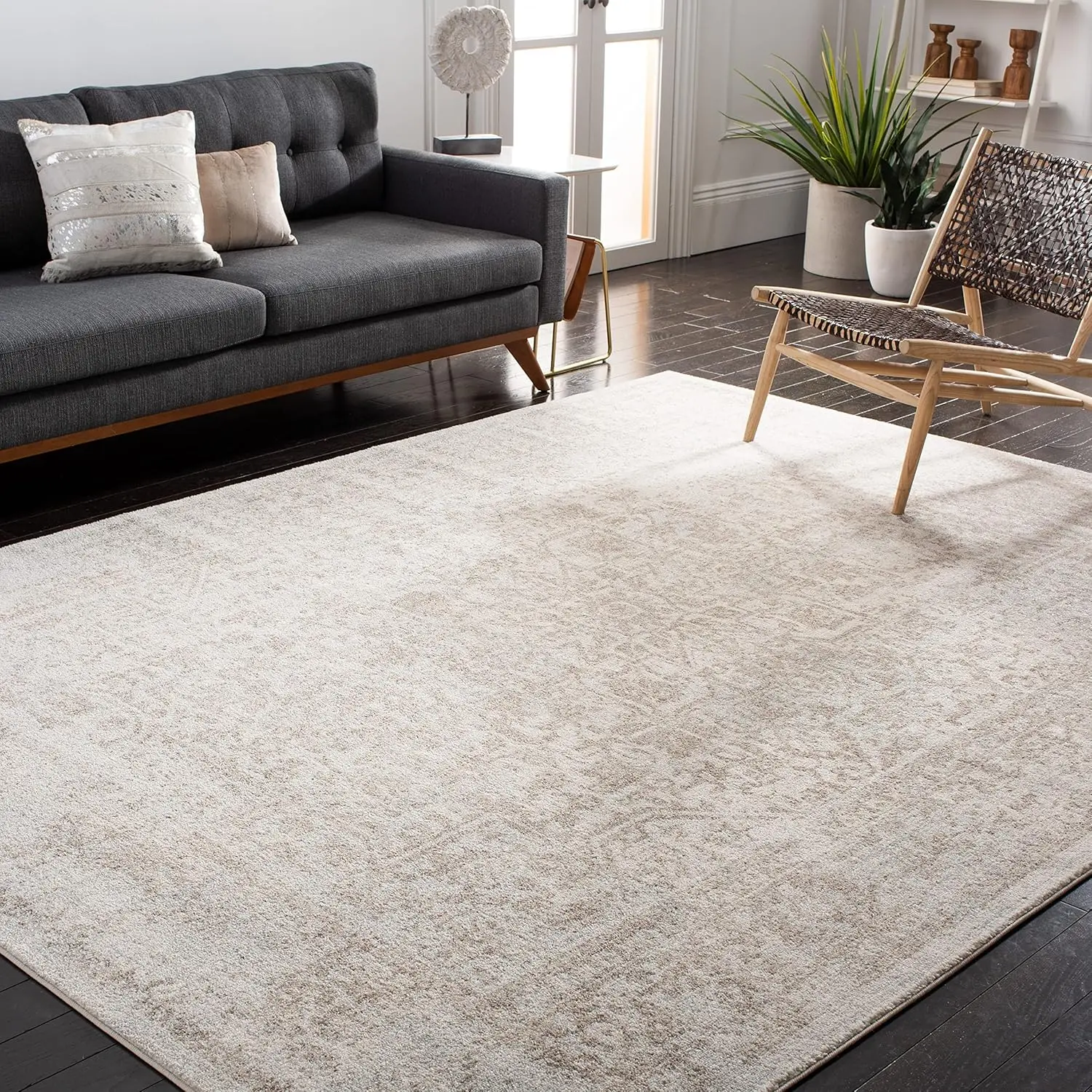 Area Rug - 9' x 12', Ivory & Taupe, Oriental Distressed Design, Bedroom (EVK256E)