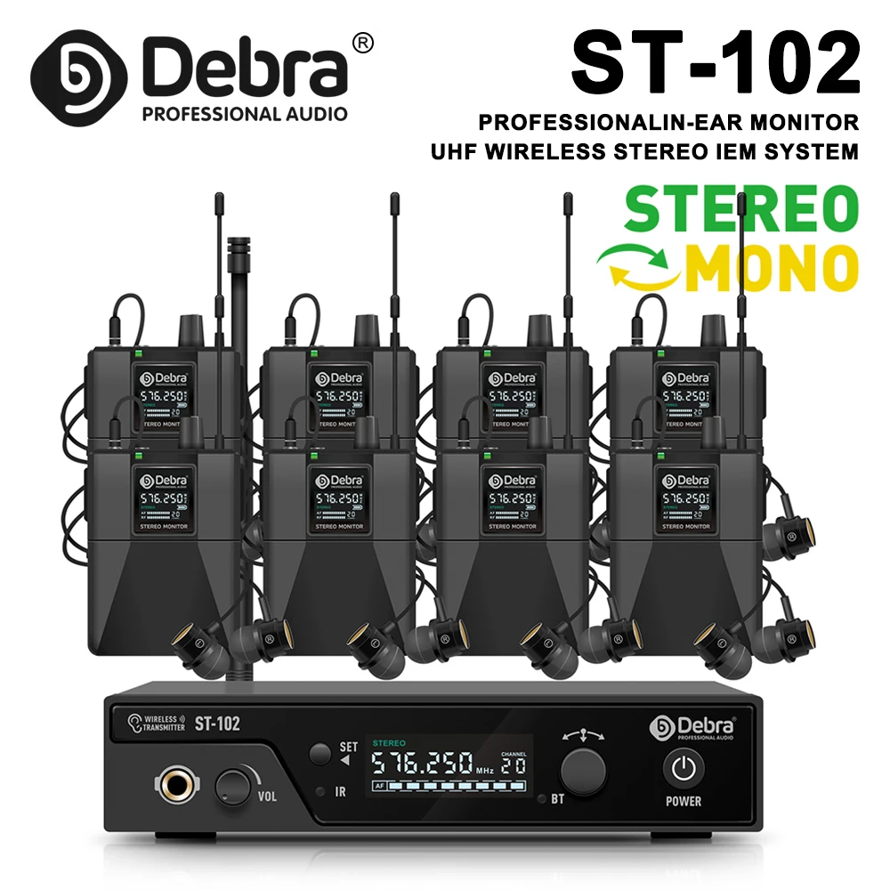 Debra ST-102 Professioneel Draadloos In-Ear Monitorsysteem, Stereo Met Bluetooth 5.0 Uhf Voor Kleine Concerten, Podiumvoorstellingen