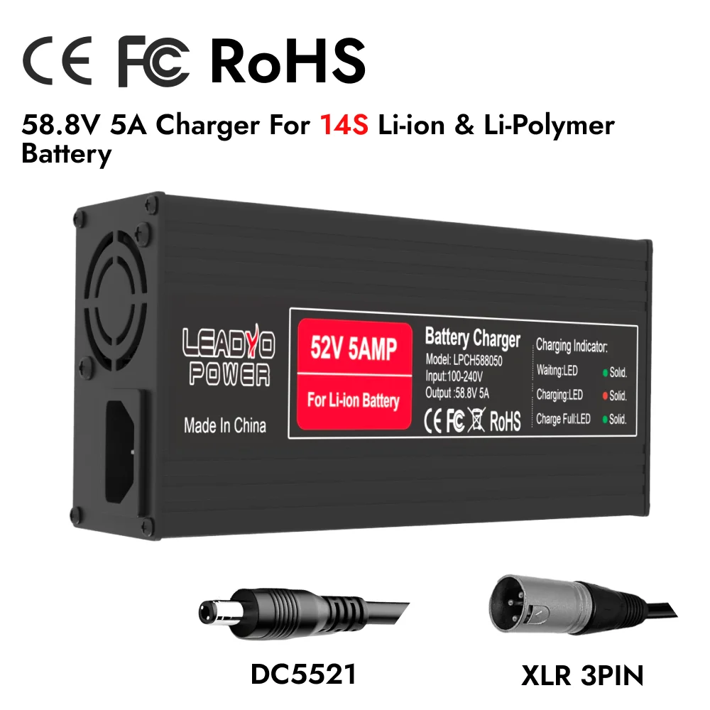 

58.8V Lithium 5A Battery Charger For 52V 14S E-bicycle E-motorcycle With Plug DC2.1 XLR-3PIN Optional 52V Smart Fast Charger