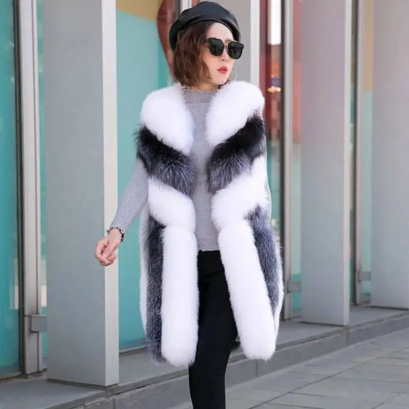 جديد وصول الملونة سترة طويلة المرأة أكمام فو سترة معاطف الفراء وهمية جيليه Fourrure الملابس