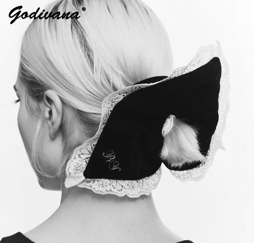 Japanese Style New Square Embroidered Hair Tie Female Lace Velvet Scrunchie Headwear Hair Ties