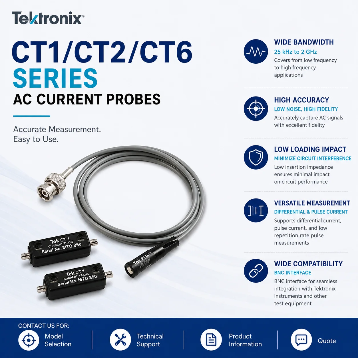 Tektronix CT1/CT2/CT6 AC Current Probe, High Bandwidth Oscilloscope Probe, Precision Current Measurement, BNC Test Probe