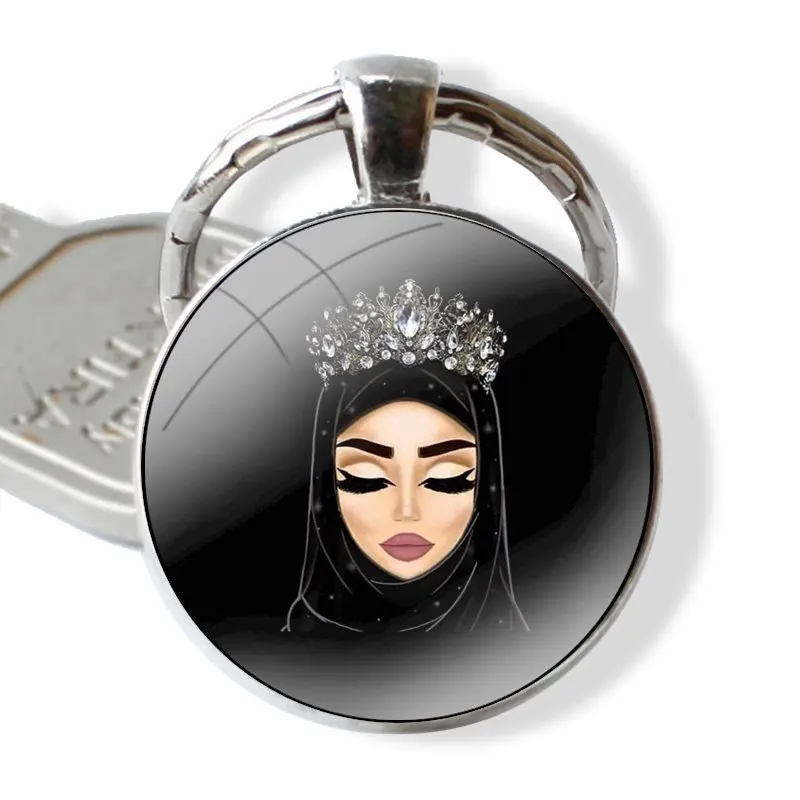 Keychain Handmade Glass Cabochon Key Ring Holder Pendant Key Chains Muslim Islamic Eyes Woman Hijab Face