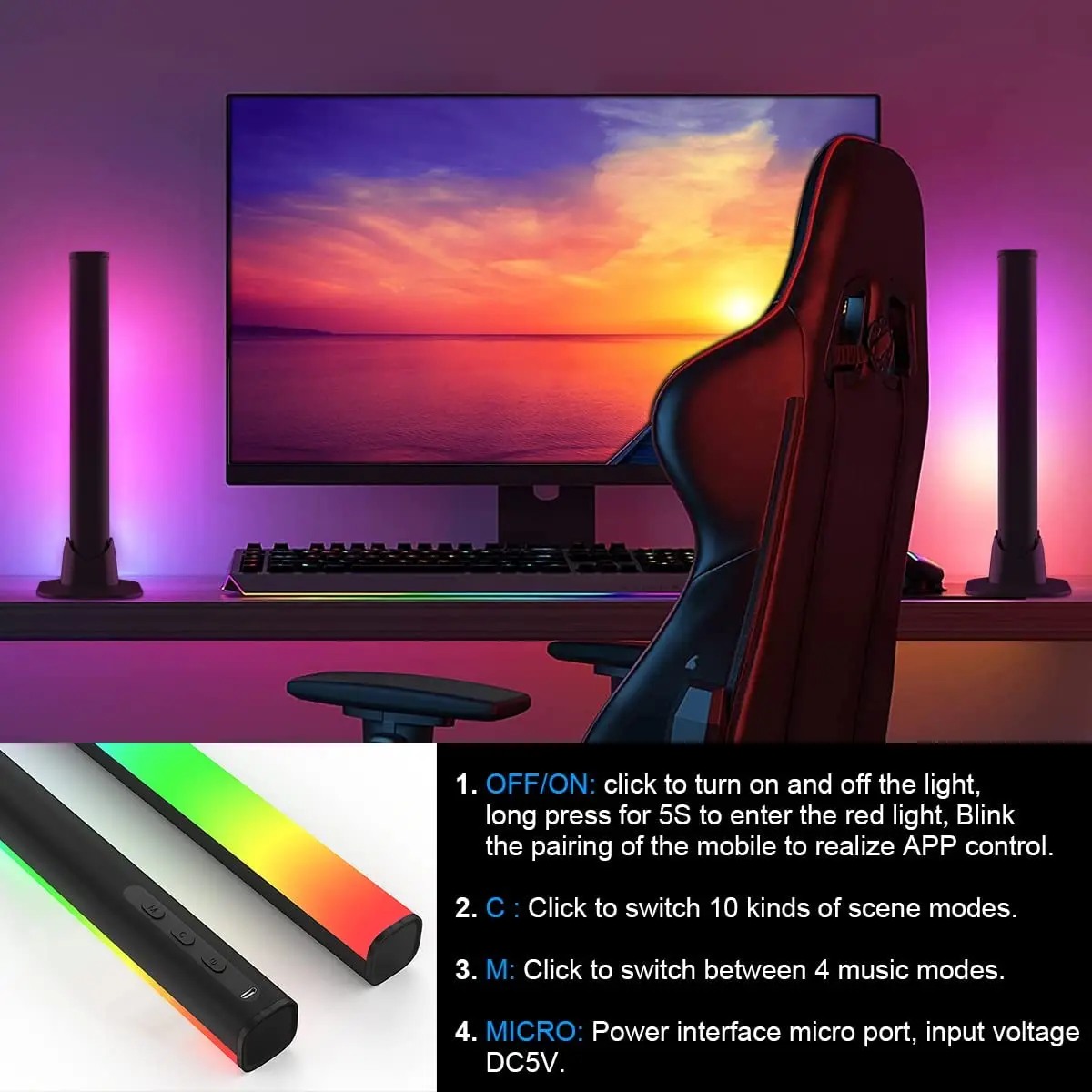 Imagem -05 - Wiscolor Barra de Luz Rgb Inteligente Luz de Mesa Led Rgbic Sincronização de Música Iluminação Ambiente Funciona com Alexa para Jogos Luz de Fundo de tv Monitor de pc Mesa